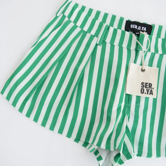 SER.O.YA Wren Wide Leg Short Kelly Green & White Stripe Silk Shorts XS NWT - Picture 6 of 7